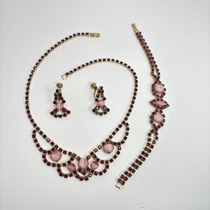 Vintage 1950s Pink Moonstone Purple Rhinestone Necklace Bracelet Earrings Set